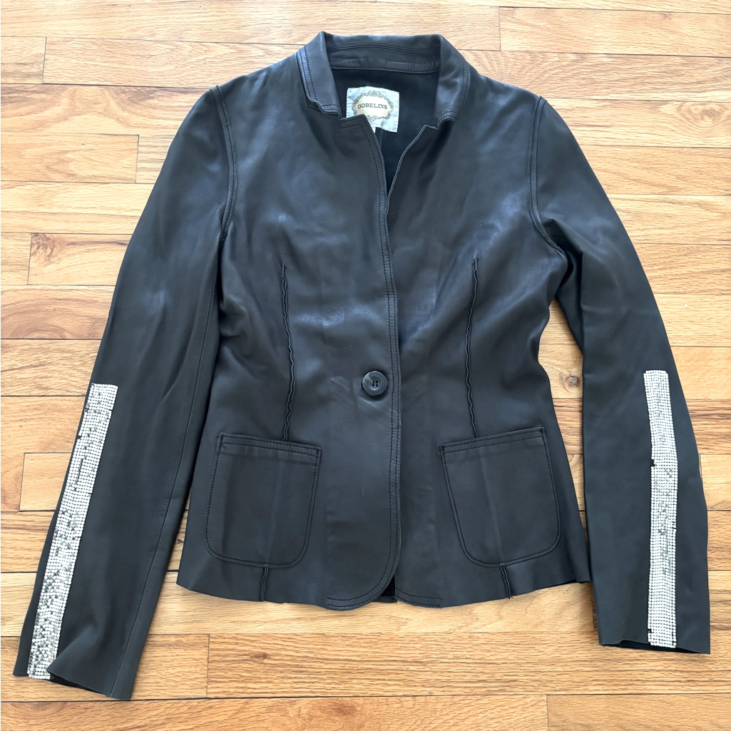 Gobelins Leather Jacket. Black, With Details On Sleeves. Euro Size 40. Pre-Owned